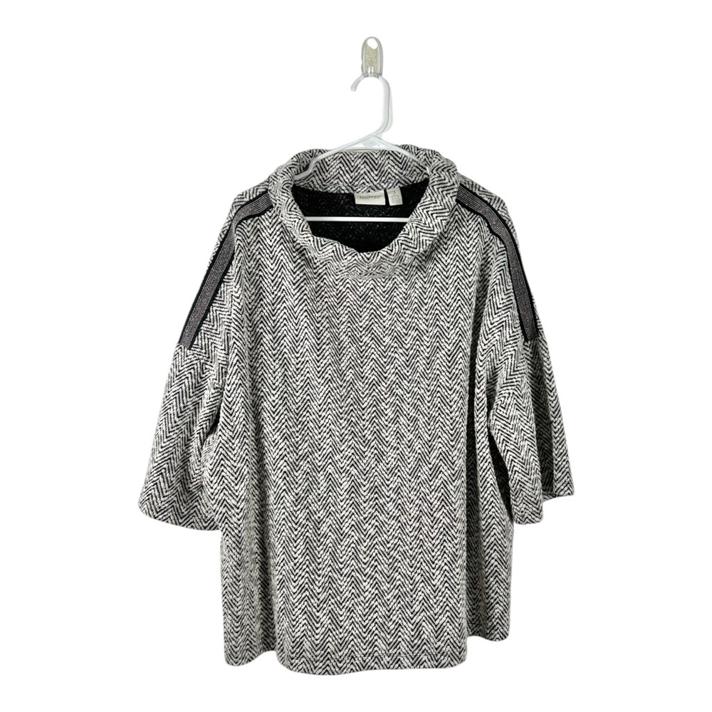 Chico’s‎ Zenergy Black Cream Herringbone Cowl Neck Rhinestone Trim Sweater